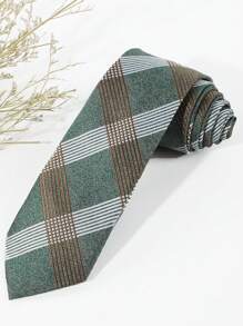 1 件男士休闲绿色格子条纹图案领带，适合商务、派对、日常穿着工作圣诞节男士领带 - 綠色 - 查看 1