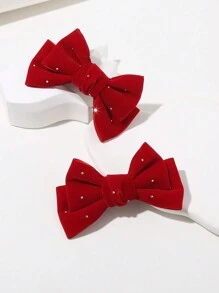 2入組紅色天鵝絨鑲嵌細節蝴蝶夾,y2k風格側夾髮夾 - 紅色 - 查看 2