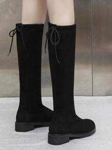 女士时尚过膝长靴，弹力新款秋冬高筒靴，方形鞋跟，绒面革，骑行风格 - 黑色 - 查看 4