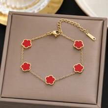 1條黑色/紅色/綠色/白色三葉草與花朵鏈不鏽鋼時尚潮流手鐲,獨特設計適合節日、派對和男女身上的復古風格,是情侶之間的理想之選