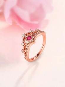 1pc Copper Material Crown Ring With Diamond Inlaid For Women - Rose Gold - View 1