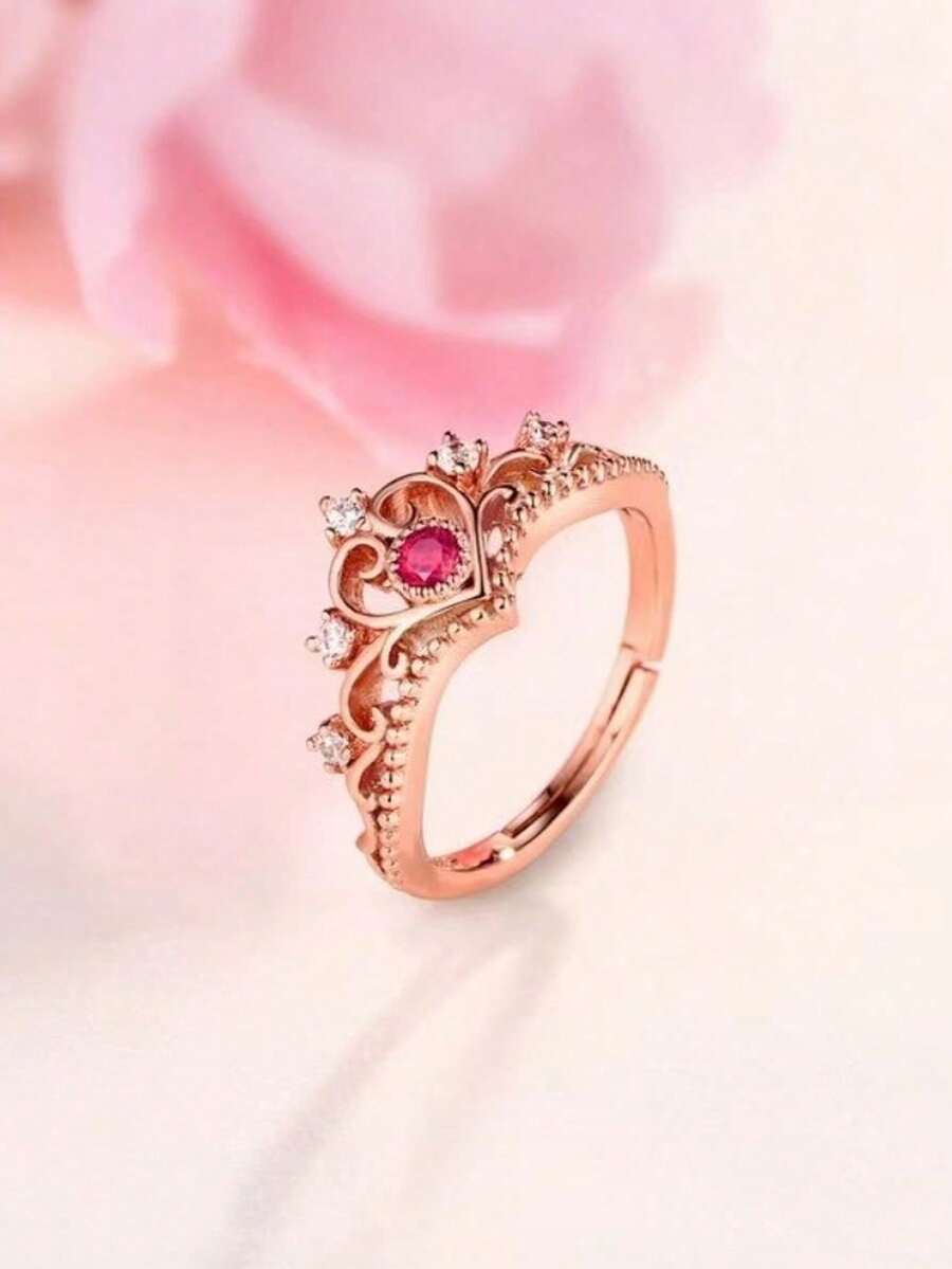 1pc Copper Material Crown Ring With Diamond Inlaid For Women - Rose Gold - View 1