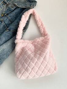 時尚純色女士菱形毛絨單肩包、冬季皮夾和收納包 - 粉色 - 查看 7