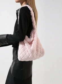 時尚純色女士菱形毛絨單肩包、冬季皮夾和收納包 - 粉色 - 查看 2