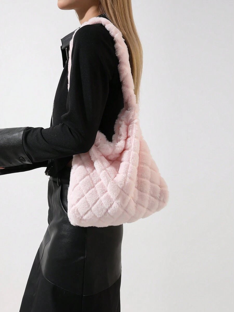 時尚純色女士菱形毛絨單肩包、冬季皮夾和收納包