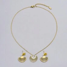 3pcs Set Of Golden Stainless Steel Chain, Gold-Plated Glossy Geometric Fan-Shaped Necklace And Earrings Combination Set, Fashionable And Personalized, Retro Sweet And Cool Design, And Versatile, Suitable For Men, Women, Couples, Street Parties, Daily Commuting Wear - Yellow Gold - View 3