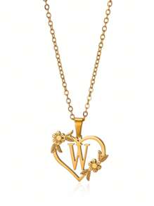 1pc Fashionable Stainless Steel Alphabet & Heart & Flower Design Necklace, Suitable For Women's Parties And Festivals, Jewelry Gift Valentines,Mom,Mother,Mother's Day,Gift