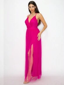 Vestido largo de fiesta con escote, espalda cruzada y abertura - Rosa Fucsia - Ver 3