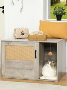 Hzuaneri Cat Cabinet With Rattan Door, Hidden Cat Litter Box, Boho Style Wooden Pet House Cat Litter, Storage Cabinet Bench - Grey - View 2