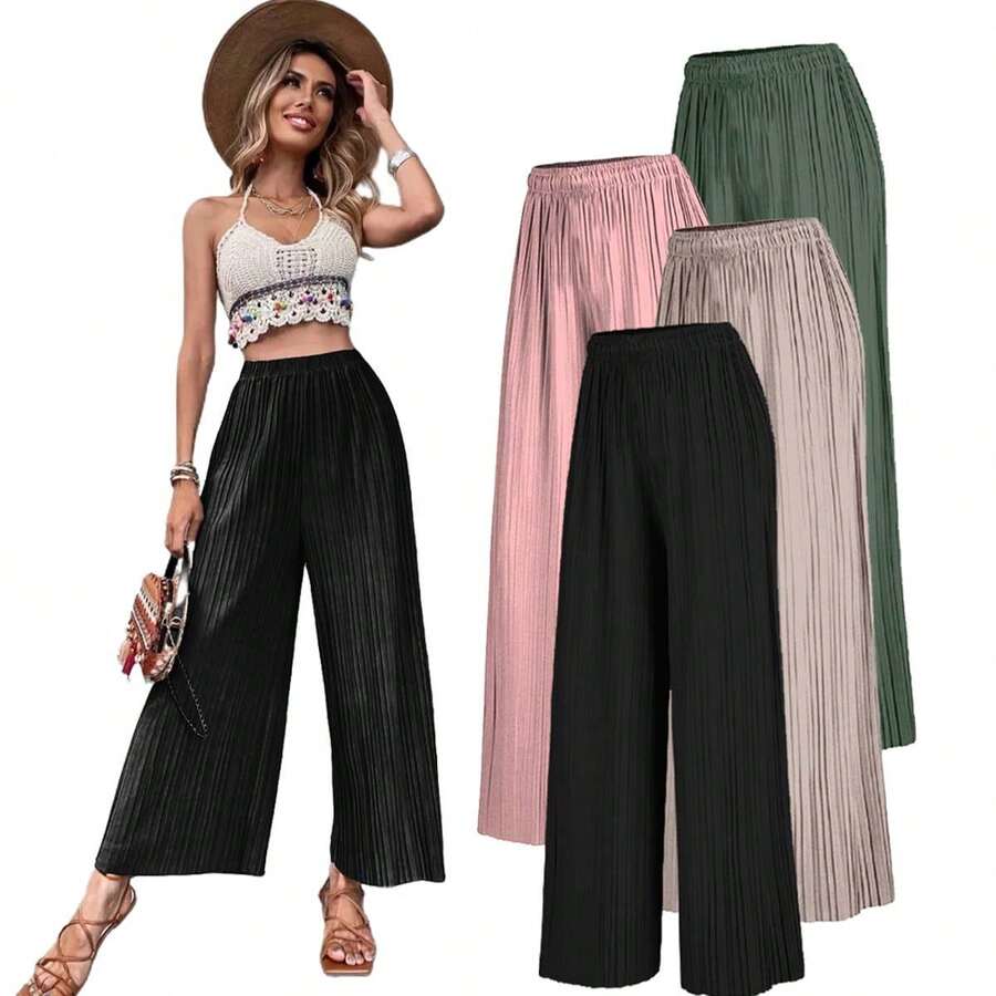 Pantalón Palazzo Plisado Strech Cordón Super Comodo Pantalones de pierna ancha unicolor plisado - Verde militar - Ver 1