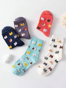 5pairs/set Women's Mid-calf Socks With Cat Pattern Anti-odor & Sweat-absorbing Features, Suitable For Daily Wear - Multicolor - View 4