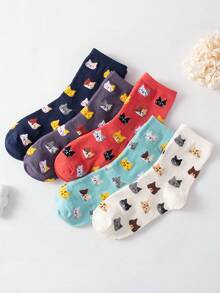 5pairs/set Women's Mid-calf Socks With Cat Pattern Anti-odor & Sweat-absorbing Features, Suitable For Daily Wear - Multicolor - View 2