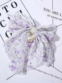 女士蝴蝶結髮飾時尚髮夾雪紡緞帶髮簪彈簧馬尾夾珍珠女孩夾子頭髮結