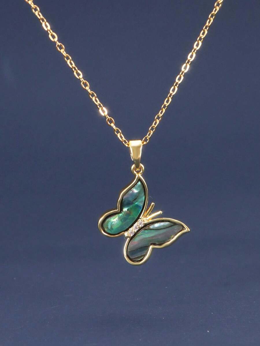 1款復古風格鮑魚貝殼和蝴蝶形狀的鈦鋼吊墜項鍊,適用於女士日常佩戴/節日禮物 - 金黃色 - 查看 1