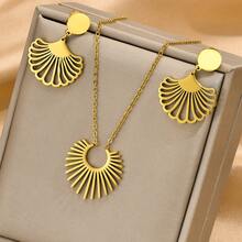 3pcs Set Of Golden Stainless Steel Chain, Gold-Plated Glossy Geometric Fan-Shaped Necklace And Earrings Combination Set, Fashionable And Personalized, Retro Sweet And Cool Design, And Versatile, Suitable For Men, Women, Couples, Street Parties, Daily Commuting Wear - Yellow Gold - View 1