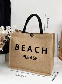 Lightweight , Casual Beach Letter Print Holiday Bag , Women's Stylish Canvas Tote With Zipper For Shopping For Teen Girls Women College Students Perfect for College , Outdoors , Travel , Outings - Khaki - View 4
