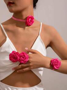 imoli 2 Stücke/Set einfach und frisch Polyester 3D Blumen Armband & Choker Halskette Schmuckset, perfekt als Geschenk für Frauen zum Abend, Valentinstag, Mutter, Muttertag