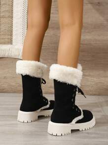 Women's Fashion Winter Snow Boots With Round Toe, Thick Sole, Plain, Warm And Thick, Lace Up Design, Large Sizes (35-43), Black - Black - View 4