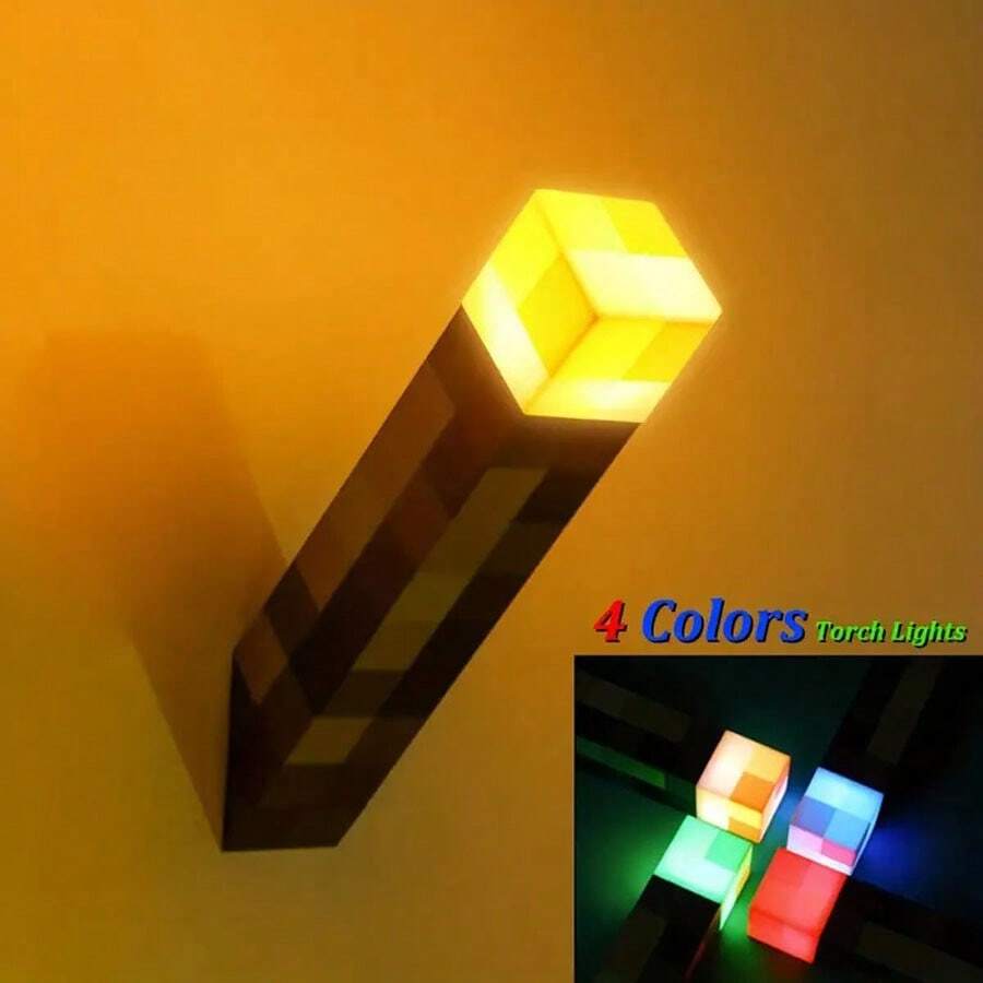 1pc Glowing Flashlight, Game Torch Block Pixel Art Color Changing Flashlight: Stackable Novelty Cartoon Led Desk Lamp Sleep Companion, Eye-protection For Student Study And Usb Charging Night Light - Brown - View 1