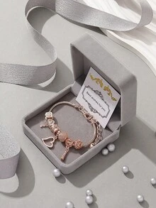 1 Miếng Thanh lịch Và Sang trọng Đồng Vòng tay Với Nạm kim cương Loại bướm Và Thiên nga , Hình trái tim Bức tranh sơn dầu Hạt , Đối với phụ nữ , DIY Sự phối hợp , Qủa tặng Gói hàng Và Lý tưởng Đối với Lễ hội Món quà - Hoa hồng vàng - Xem 2