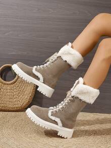 2023繫帶圓頭冬季時尚女靴休閒女式保暖厚底大尺碼鞋 35-43 雪靴 - 卡其色 - 查看 3