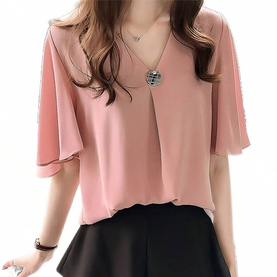 時尚休閒泡泡袖上衣 - 粉色 - 查看 1
