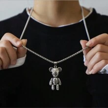 Moveable Teddy Bear Pendant Necklace, Unisex Hip Hop Style Couple Sweater Chain / Sweater Necklace, Birthday Gift - Silver - View 10