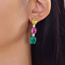 1對S925純銀多彩寶石掛墜耳環，雙色非凡設計，年輕時尚，奢華、精美、美麗、優雅且浪漫，適用於婚禮、訂婚、度假聚會等場合，附贈禮盒 - 彩色 - 查看 1