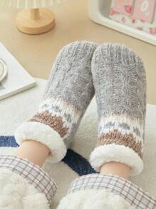 1雙女士短襪灰色抗羊毛編織硅膠防滑加厚保暖休閒絨布家居地板襪,適用於冬季 - 彩色 - 查看 1