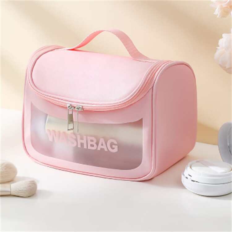 1pc Curved PU Cosmetic Bag Portable High-Color Travel Wash Bag Large Capacity  Makeup Organizer Bag Storage Bag - Pink - View 1