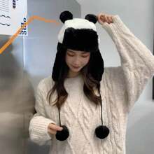 新款冬季熊貓耳蓋帽,毛絨襯裡保暖 - 黑色 - 查看 1