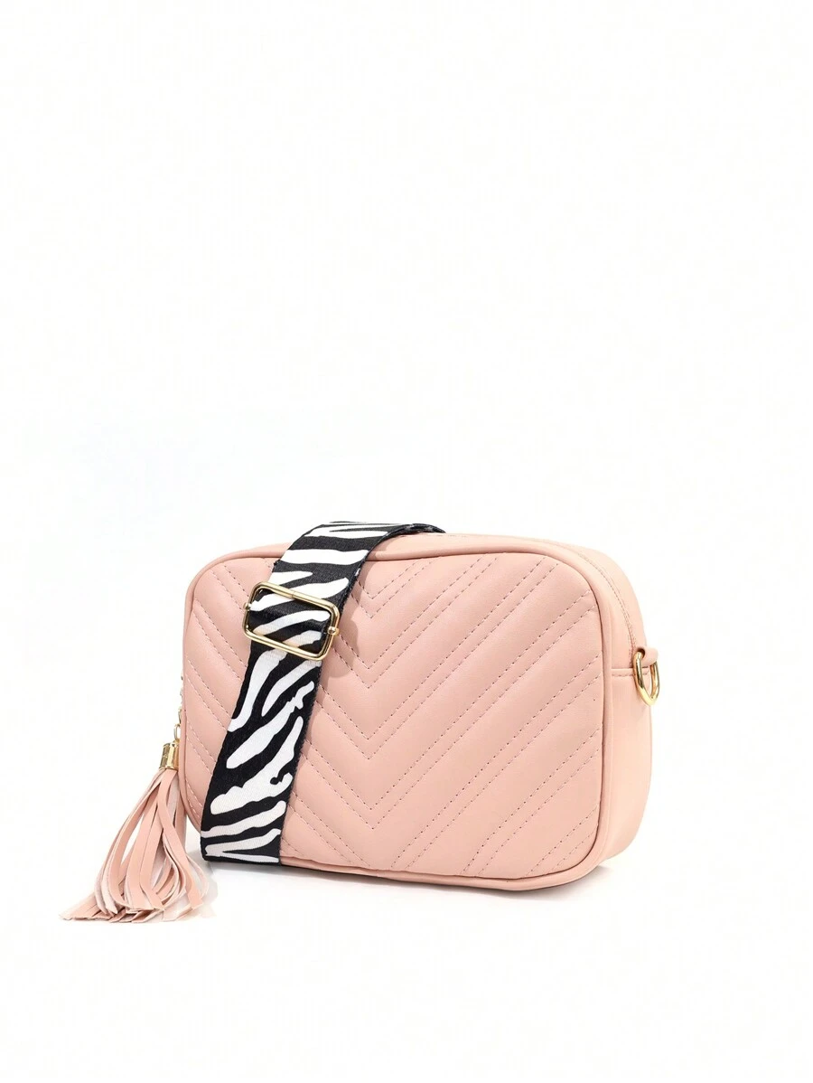 拼接pu縫花&流蘇裝飾吊墜單肩袋 - 粉色 - 查看 1