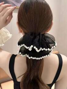 1pc Extra Large Mesh Pearl Hair Tie - Black - View 1