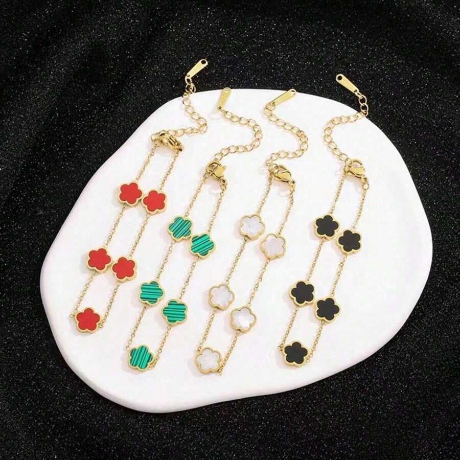 1條黑色/紅色/綠色/白色三葉草與花朵鏈不鏽鋼時尚潮流手鐲,獨特設計適合節日、派對和男女身上的復古風格,是情侶之間的理想之選