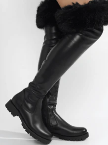 Women's  Fur-Coated Over-The-Knee Boots - Round Toe Knee High Low Heel For Casual Fridays - Black - View 4