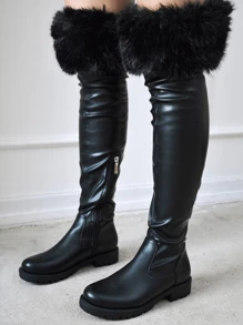 Women's  Fur-Coated Over-The-Knee Boots - Round Toe Knee High Low Heel For Casual Fridays - Black - View 1