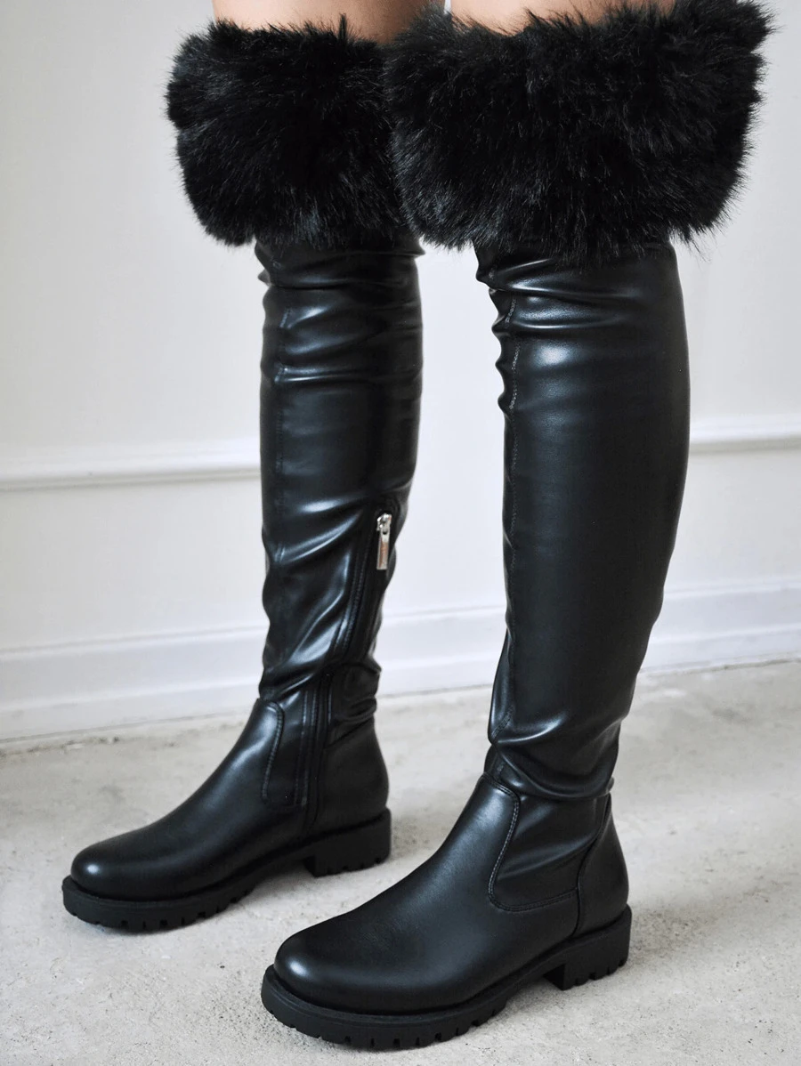 Women's  Fur-Coated Over-The-Knee Boots - Round Toe Knee High Low Heel For Casual Fridays - Black - View 1