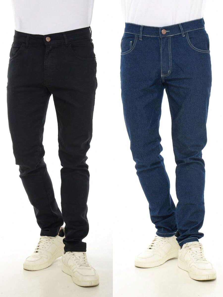 Kit De 2 Pantalones Vaqueros Ajustados Y Oscuros Con Elastano Para Hombre - Multicolor - Ver 1