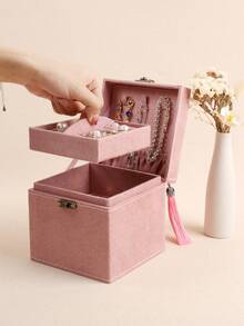 1pc Pink Velvet Double Layer Jewelry/Lipstick Storage Box - Pink - View 2