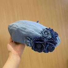 顏色塊3d花裝飾牛仔貝雷帽女款,時尚瘦臉,新品上市 - 藍色 - 查看 3