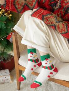 2pairs Women's Mid-calf Socks With Christmas Santa Claus & Snowman Coral Fleece Design, Warm & Versatile Winter Home Wear, Cute & Soft Round Collar Socks Suitable For Christmas - Multicolor - View 2