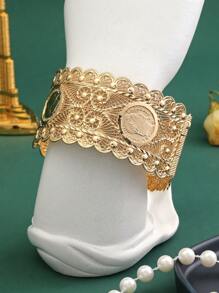 1pc Middle Eastern Moroccan Classic Wide Unique Hollow Coin Shaped Alloy Bangle Bracelet, Fashionable For Weddings And Holidays - Gold - View 1