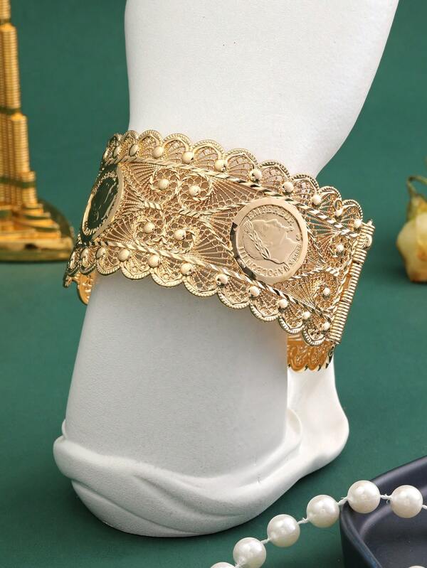 1pc Middle Eastern Moroccan Classic Wide Unique Hollow Coin Shaped Alloy Bangle Bracelet, Fashionable For Weddings And Holidays