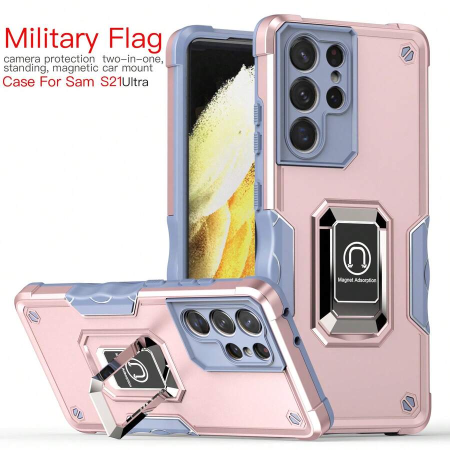 1pc Rose Gold Ring Holder Pc+Tpu+Matte Uv Leisure Anti-Drop Phone Case Compatible With Apple, Oppo, Samsung A54 - Rose Gold - View 1