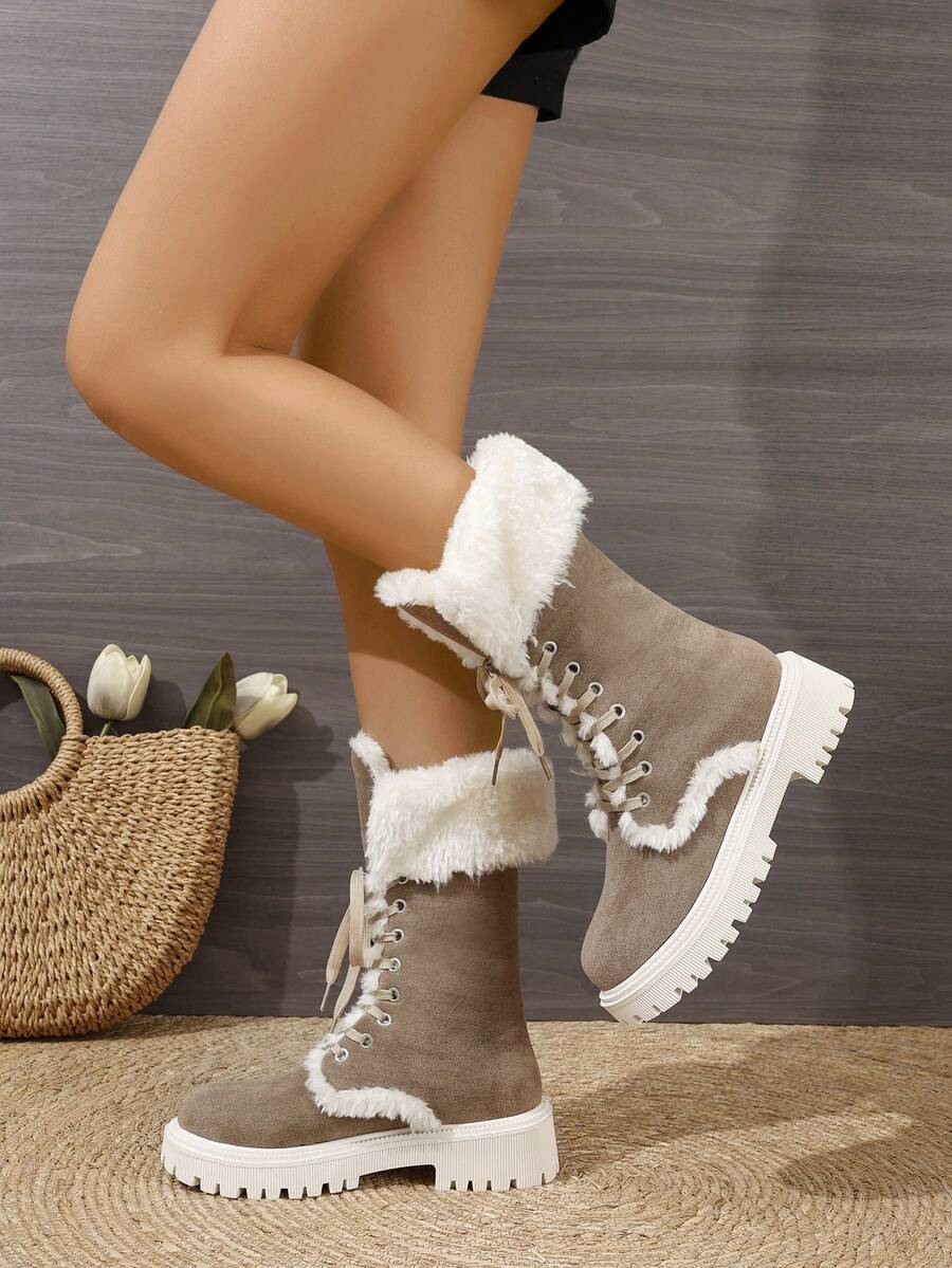 2023繫帶圓頭冬季時尚女靴休閒女式保暖厚底大尺碼鞋 35-43 雪靴 - 卡其色 - 查看 1