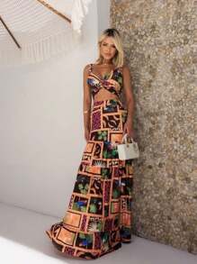 Conjunto De Vestido Estilo De Granja Con Estampado De Falda Larga Para El Verano, Casual - Negro - Ver 1