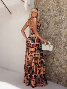 Conjunto De Vestido Estilo De Granja Con Estampado De Falda Larga Para El Verano, Casual - Negro - Ver 2