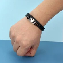 1pc Stylish Stainless Steel & Leather Lizard Adjustable Cuff Bracelet Suitable For Men'S Daily Wear - Silver - View 7