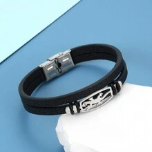 1pc Stylish Stainless Steel & Leather Lizard Adjustable Cuff Bracelet Suitable For Men'S Daily Wear - Silver - View 5