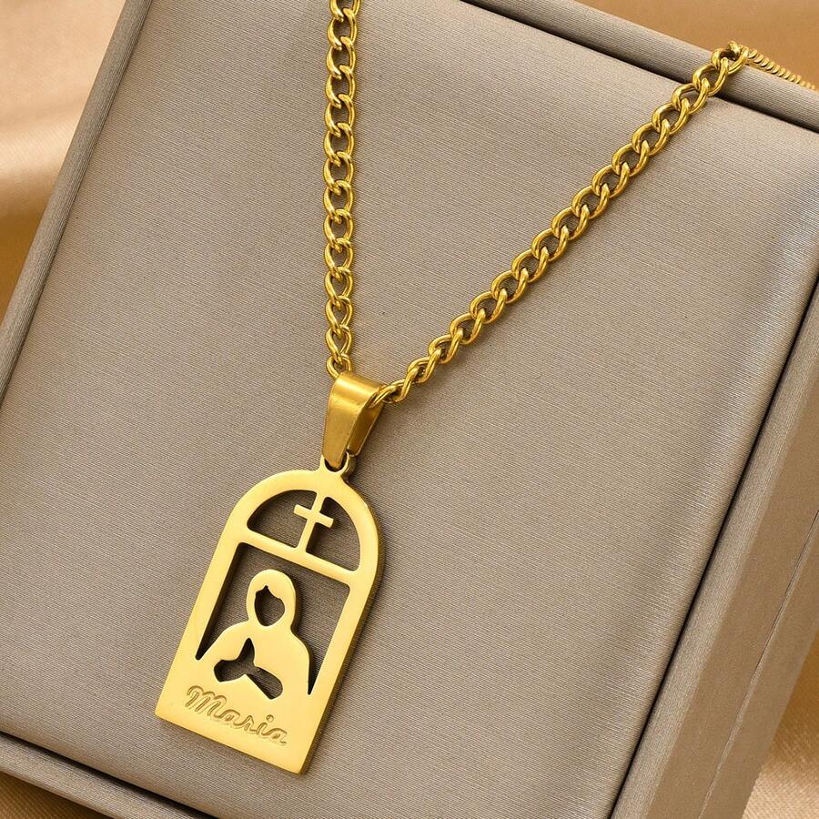 1pc Gold Stainless Steel Plated Rectangular Geometric Mary Pendant Necklace, Fashionable Personalized Design, Suitable For Men, Women, Couples, Street, Daily, Party Wear - Gold - View 1